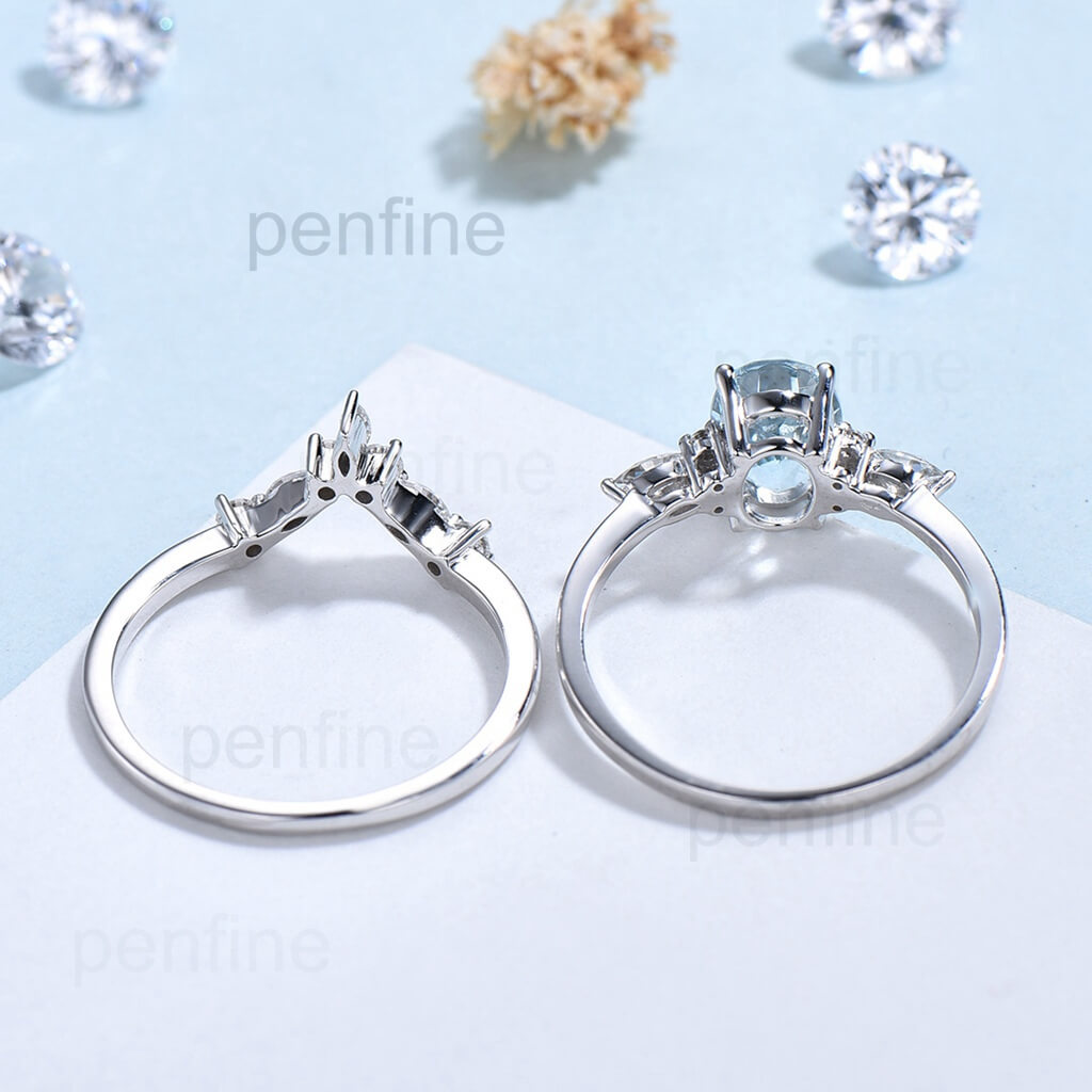 Oval Nedia Marquise Moissanite Aquamarine Engagement Ring Set WID01 - PENFINE