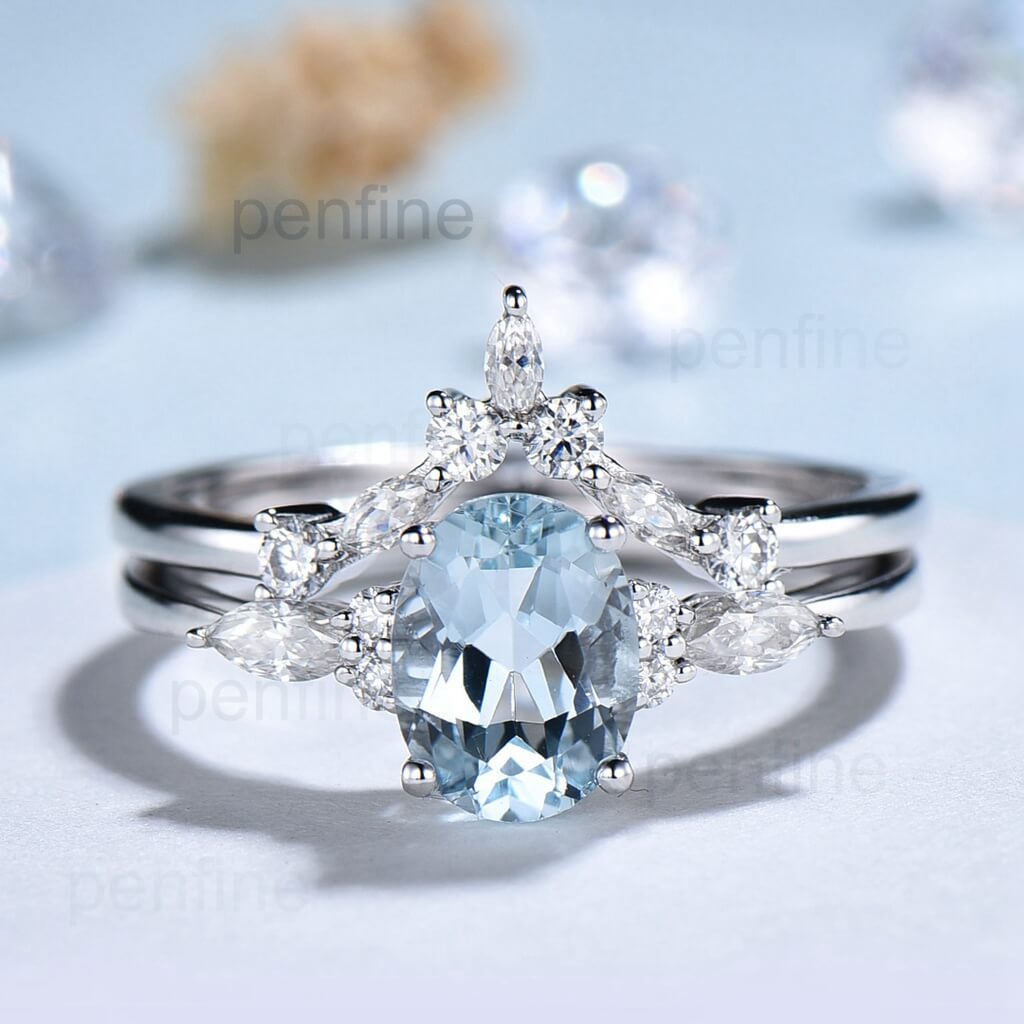 Oval Nedia Marquise Moissanite Aquamarine Engagement Ring Set WID01 - PENFINE