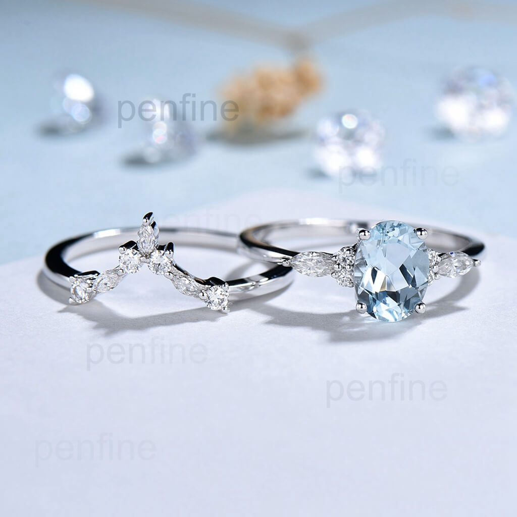 Oval Nedia Marquise Moissanite Aquamarine Engagement Ring Set WID01 - PENFINE