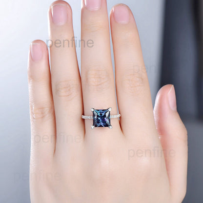 Unique vintage princess cut Alexandrite engagement ring pyramid under halo basket diamond ring - PENFINE