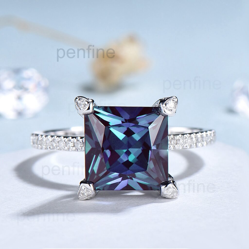 Unique vintage princess cut Alexandrite engagement ring pyramid under halo basket diamond ring - PENFINE