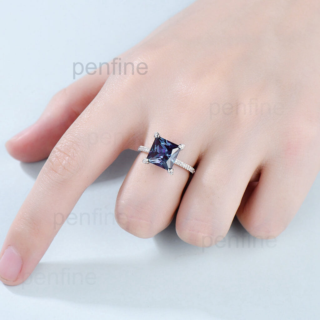 Unique vintage princess cut Alexandrite engagement ring pyramid under halo basket diamond ring - PENFINE