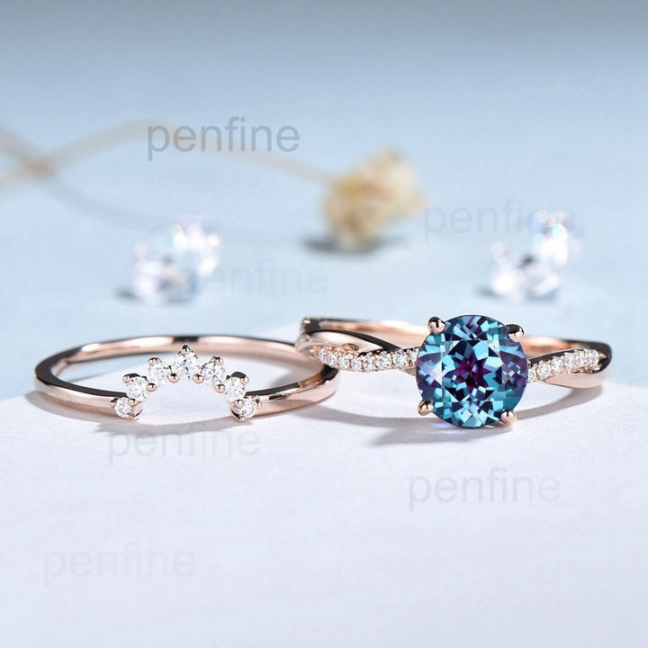 7mm round split shank Alexandrite engagement ring set 14k rose gold curved moissanite ring 2pcs Lab treated Alexandrite wedding bridal set - PENFINE