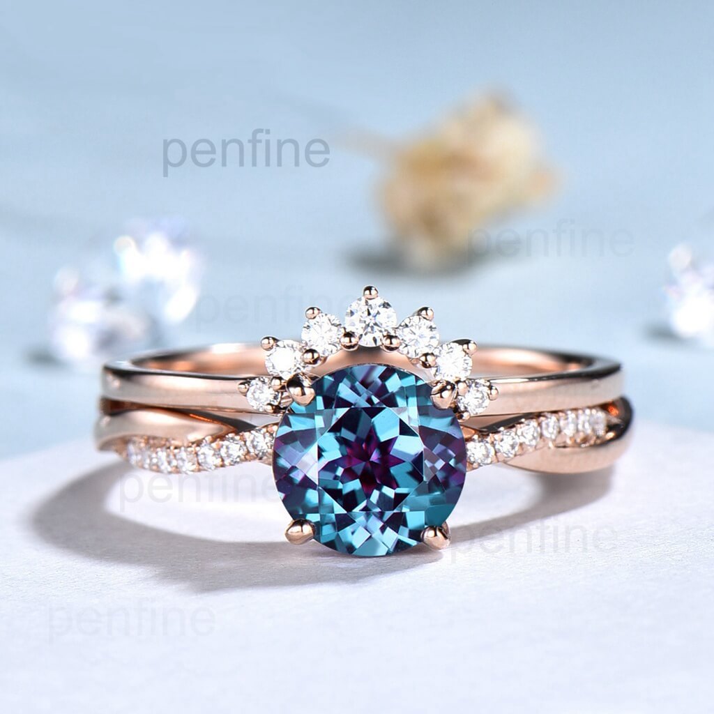 7mm round split shank Alexandrite engagement ring set 14k rose gold curved moissanite ring 2pcs Lab treated Alexandrite wedding bridal set - PENFINE