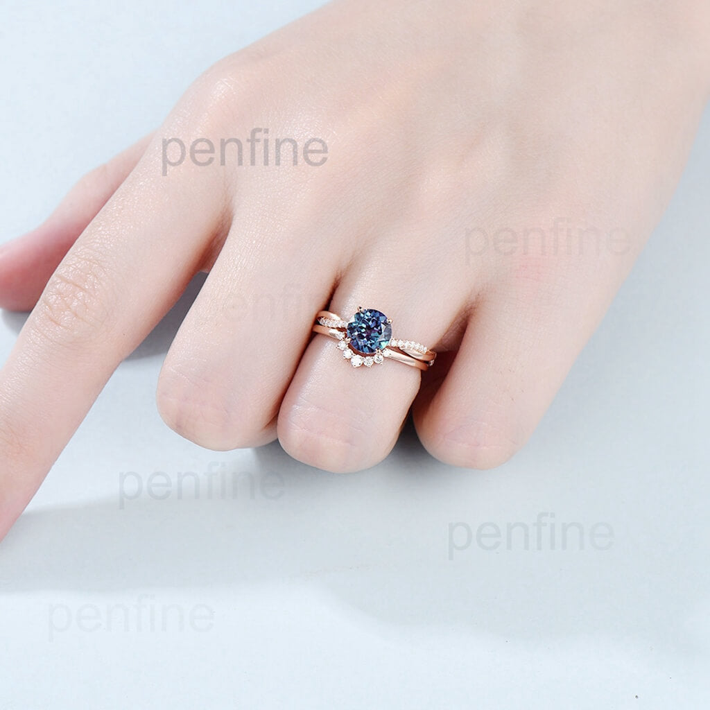 7mm round split shank Alexandrite engagement ring set 14k rose gold curved moissanite ring 2pcs Lab treated Alexandrite wedding bridal set - PENFINE