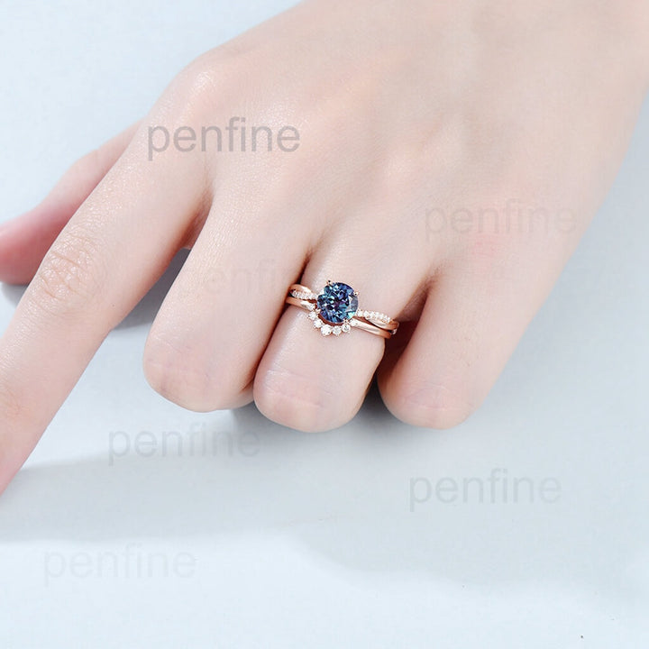 7mm round split shank Alexandrite engagement ring set 14k rose gold curved moissanite ring 2pcs Lab treated Alexandrite wedding bridal set - PENFINE