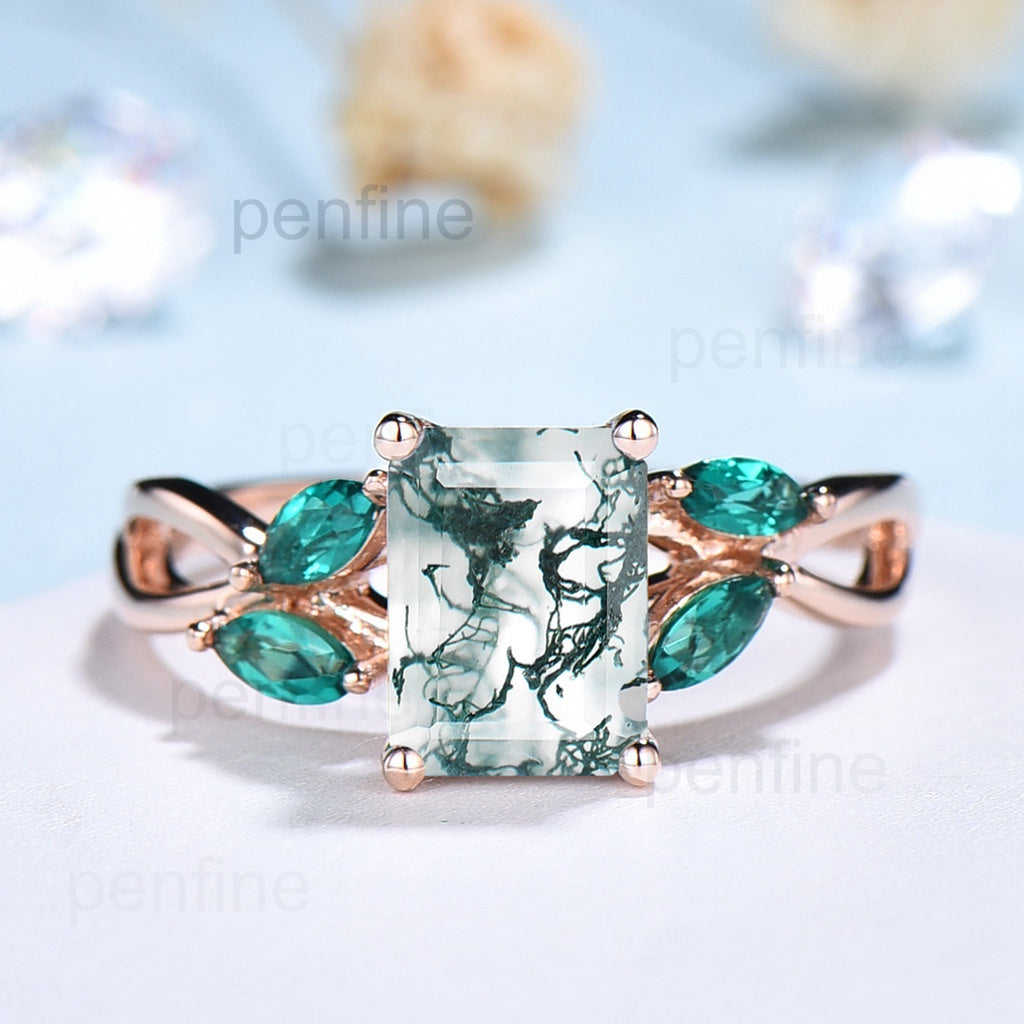 Emerald cut moss agate engagement ring Lab Emerald Accents - PENFINE