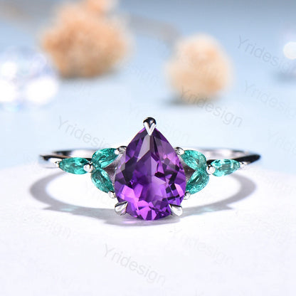 Pear Amethyst And Emerald Engagement Ring White Gold Seven Stone - PENFINE