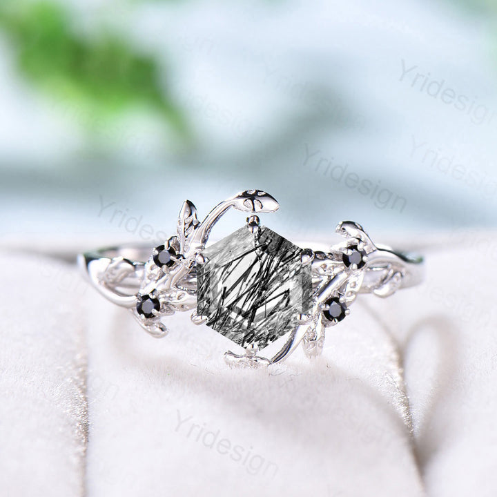 Vintage Hexagon cut black rutilated quartz engagement ring unique six prongs wedding ring women leaf vine Onyx leaf flower alternative ring - PENFINE