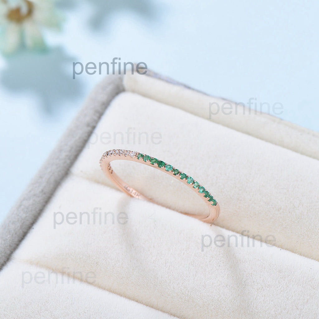 Dainty Emerald And Diamond Women Wedding Band Half Eternity - PENFINE