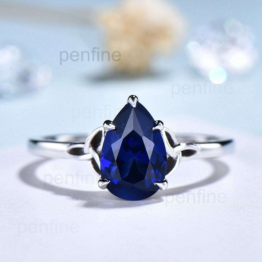 Vintage Blue Sapphire Celtic Engagement Ring Plain Gold - PENFINE