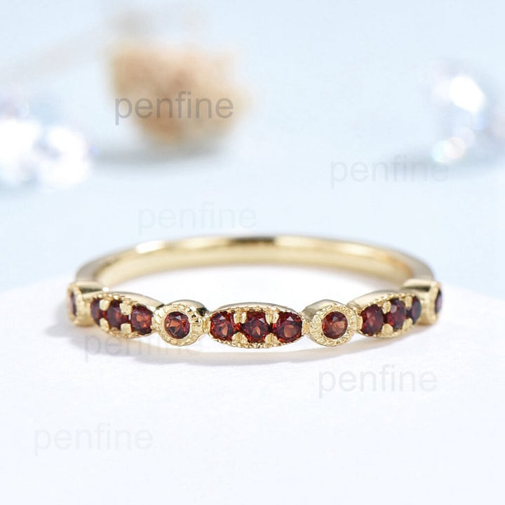 Garnet wedding band for women / Solid 10k 14k 18k yellow gold stacking ring for her / Art deco marquise cut garnet womens wedding band - PENFINE