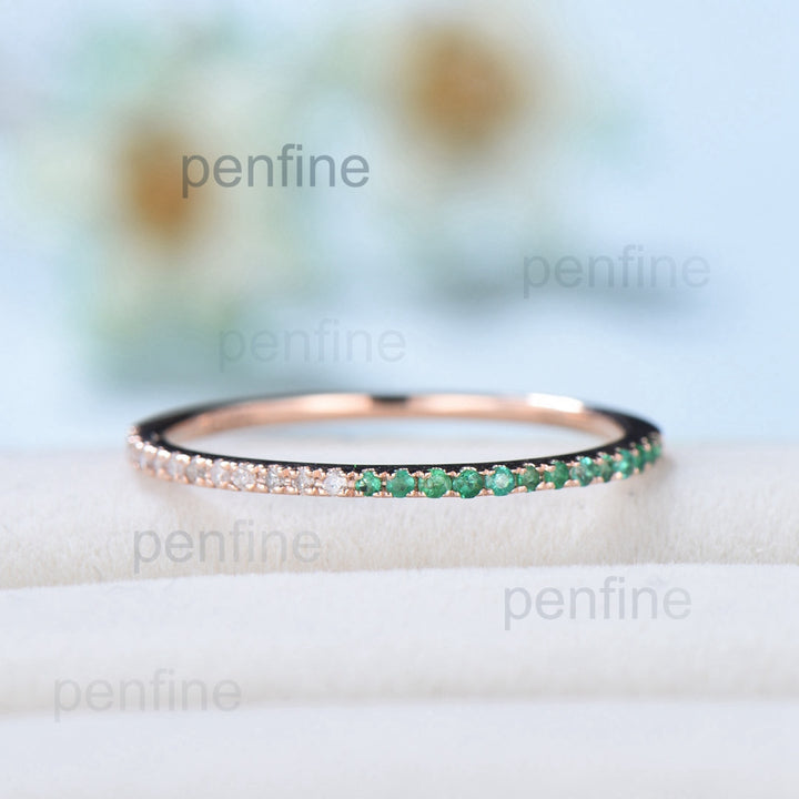 Dainty Emerald And Diamond Women Wedding Band Half Eternity - PENFINE