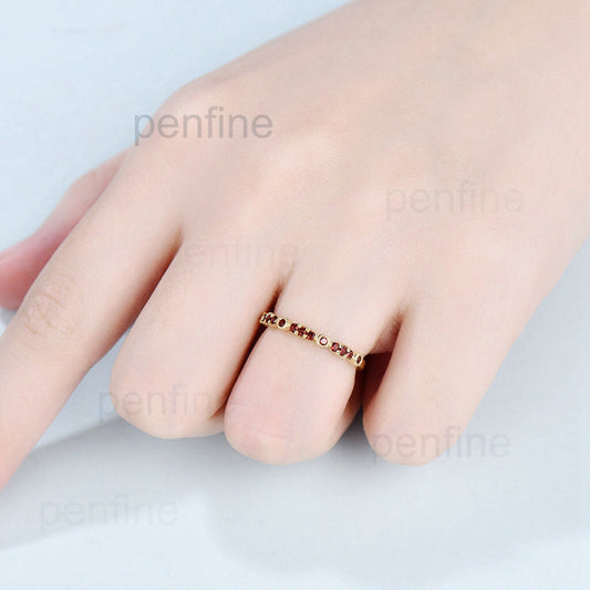 Garnet wedding band for women / Solid 10k 14k 18k yellow gold stacking ring for her / Art deco marquise cut garnet womens wedding band - PENFINE