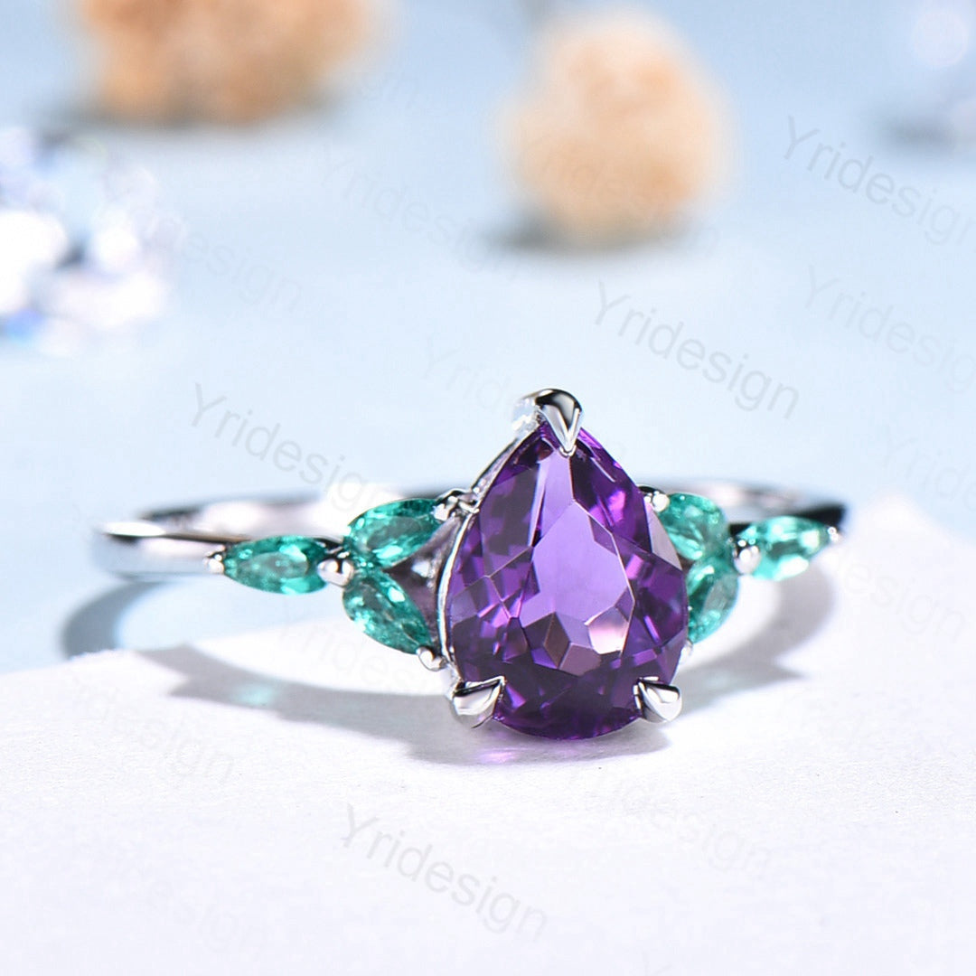 Pear Amethyst And Emerald Engagement Ring White Gold Seven Stone - PENFINE