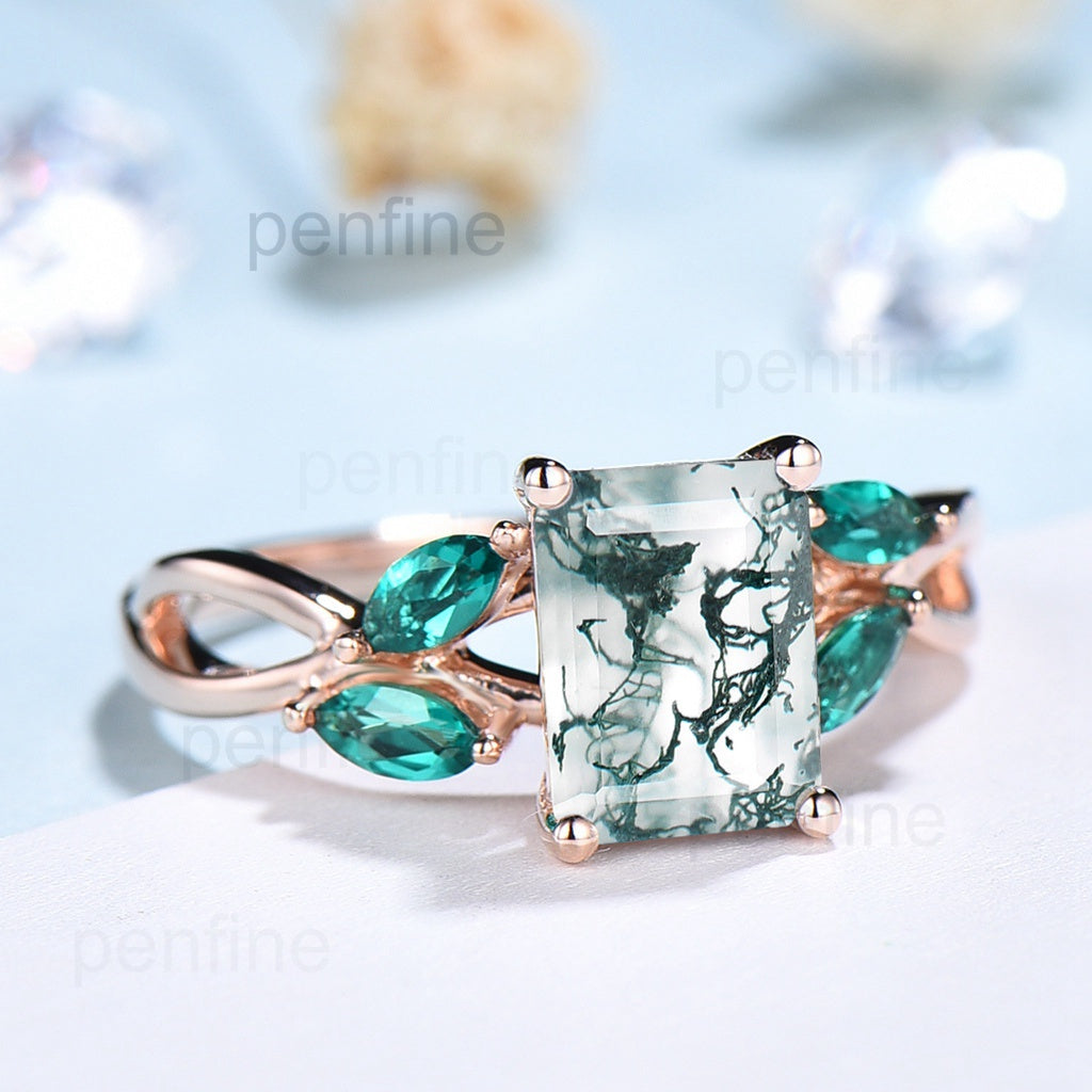 Emerald cut moss agate engagement ring Lab Emerald Accents - PENFINE