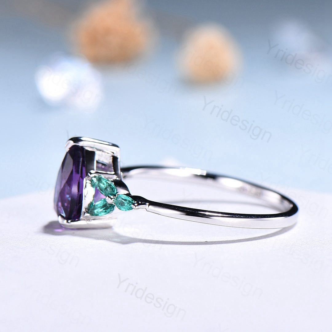 Pear Amethyst And Emerald Engagement Ring White Gold Seven Stone - PENFINE