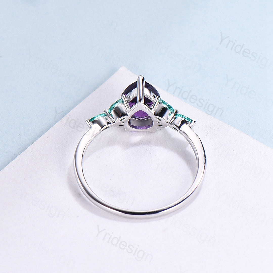 Pear Amethyst And Emerald Engagement Ring White Gold Seven Stone - PENFINE