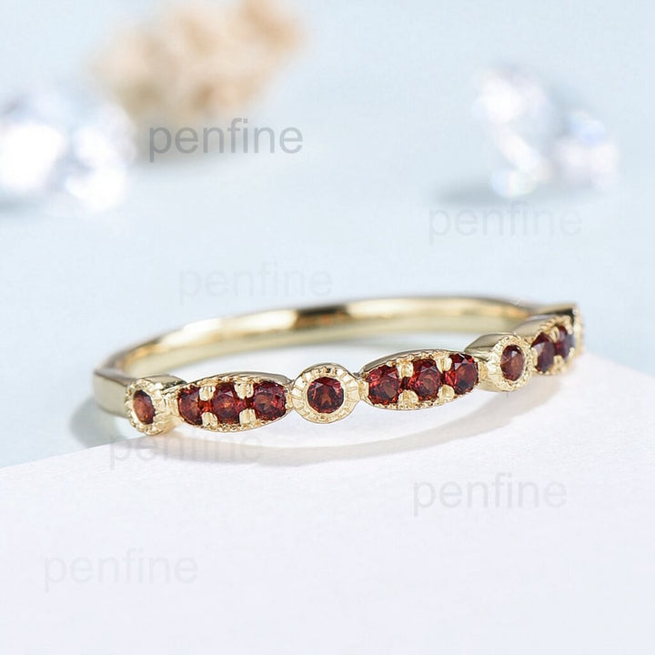 Garnet wedding band for women / Solid 10k 14k 18k yellow gold stacking ring for her / Art deco marquise cut garnet womens wedding band - PENFINE