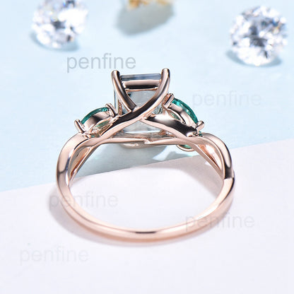 Emerald cut moss agate engagement ring Lab Emerald Accents - PENFINE