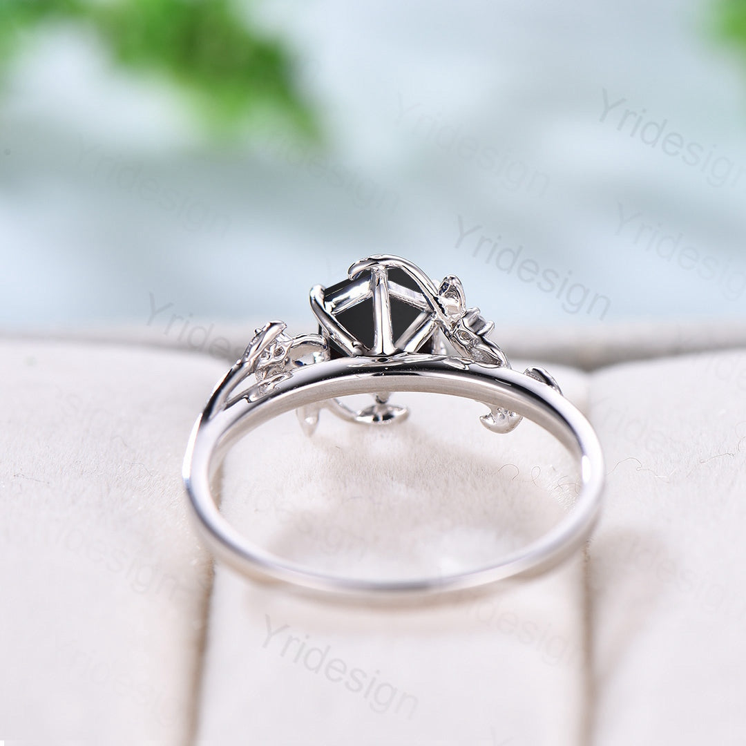 Vintage Hexagon cut black rutilated quartz engagement ring unique six prongs wedding ring women leaf vine Onyx leaf flower alternative ring - PENFINE