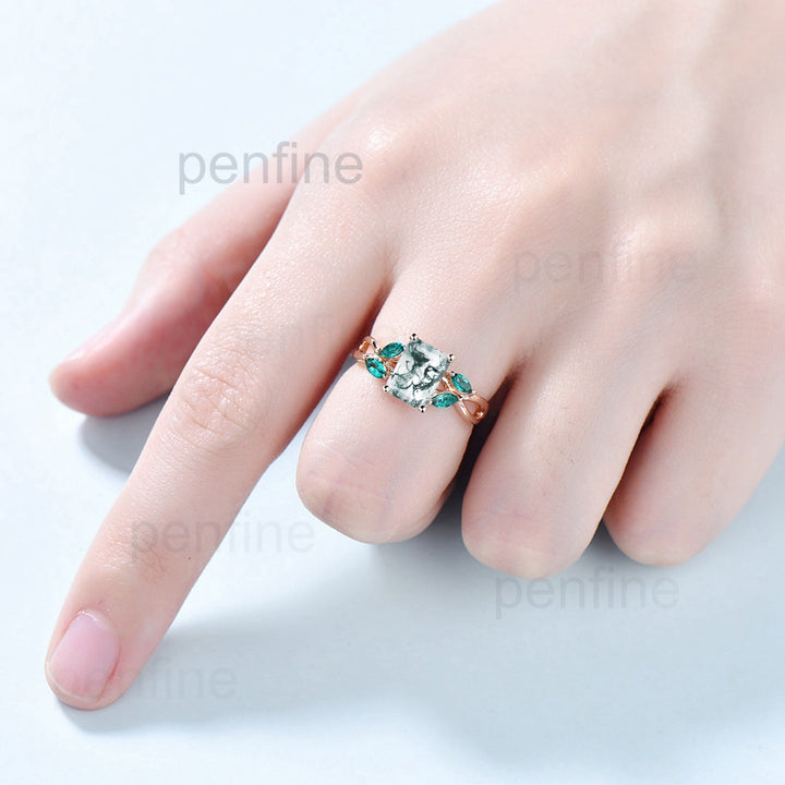 Emerald cut moss agate engagement ring Lab Emerald Accents - PENFINE