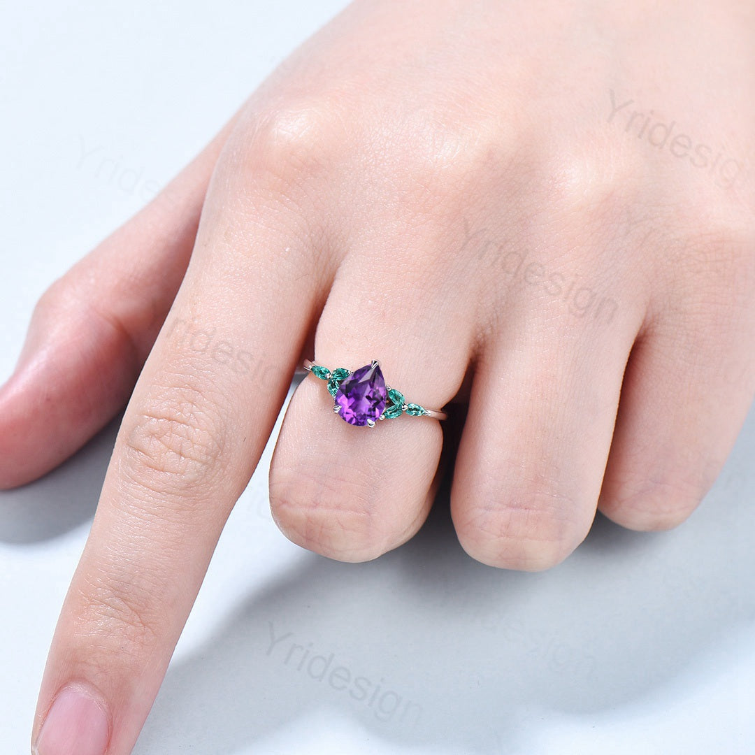 Pear Amethyst And Emerald Engagement Ring White Gold Seven Stone - PENFINE
