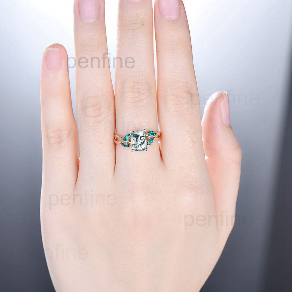 Emerald cut moss agate engagement ring Lab Emerald Accents - PENFINE