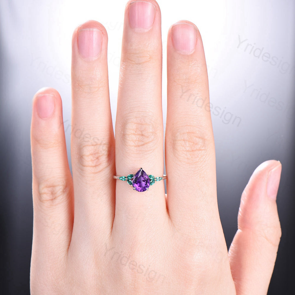 Pear Amethyst And Emerald Engagement Ring White Gold Seven Stone - PENFINE