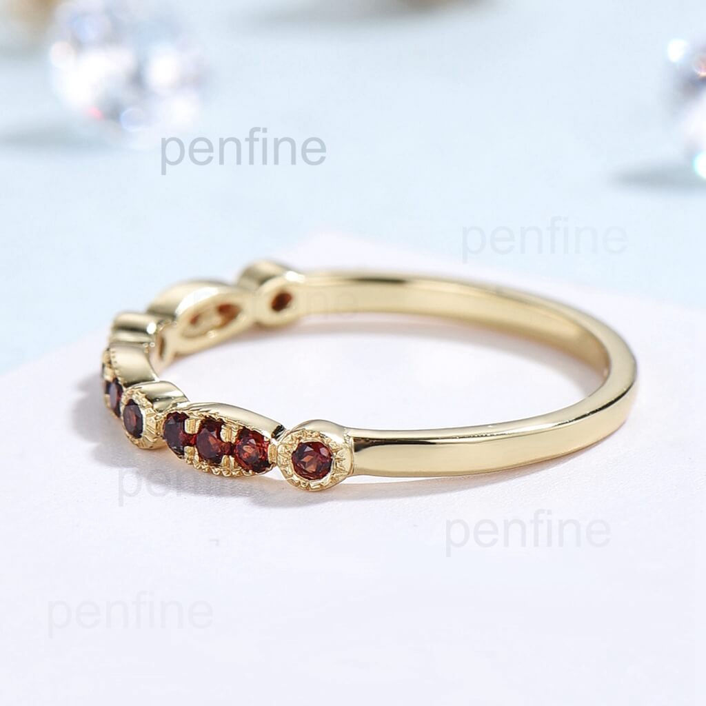 Garnet wedding band for women / Solid 10k 14k 18k yellow gold stacking ring for her / Art deco marquise cut garnet womens wedding band - PENFINE