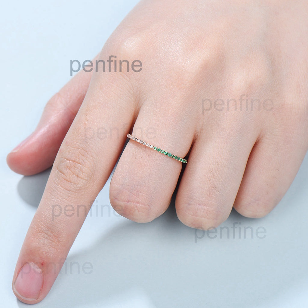 Dainty Emerald And Diamond Women Wedding Band Half Eternity - PENFINE