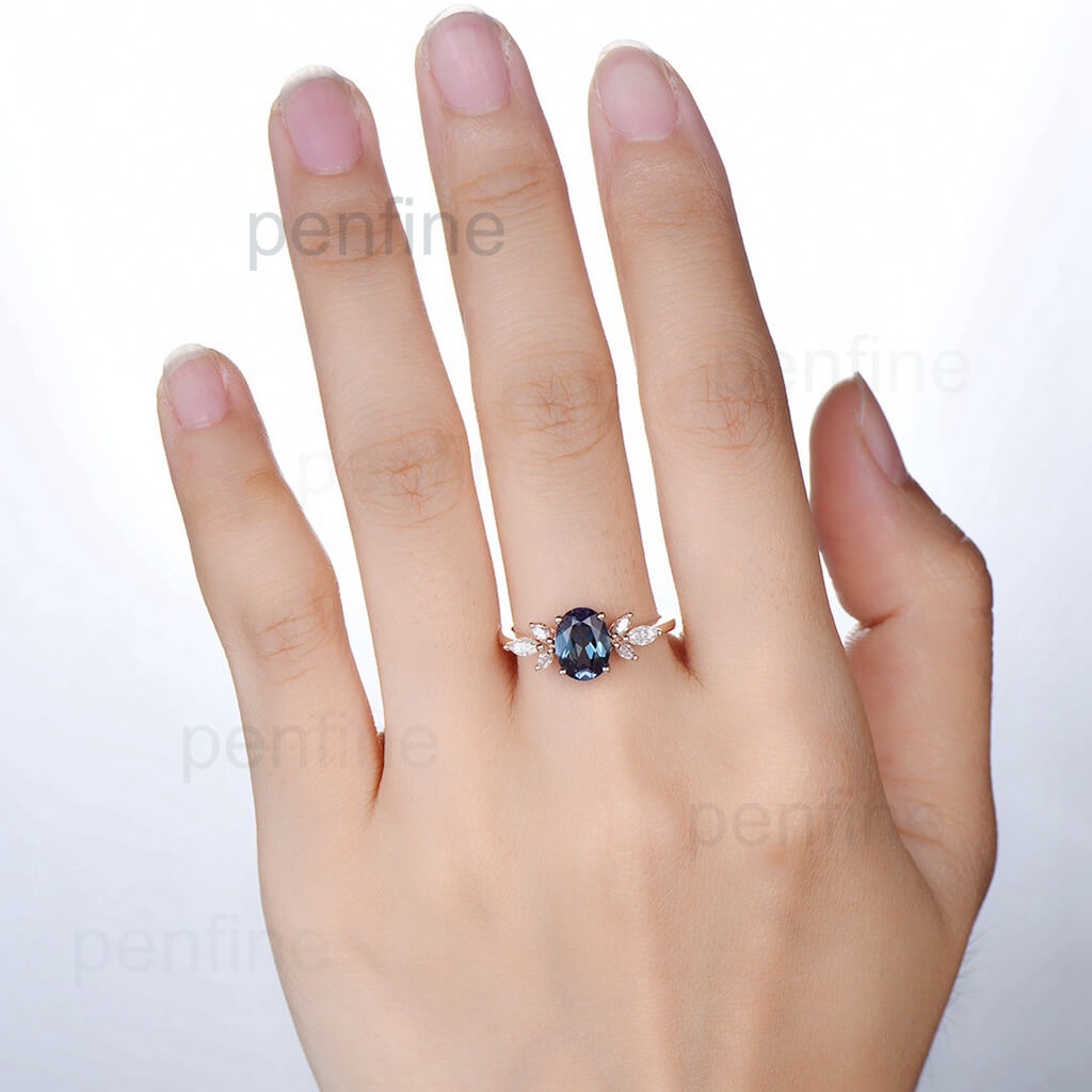 Vintage Oval Alexandrite Moissanite Engagement Ring Flower Setting WIS2 - PENFINE