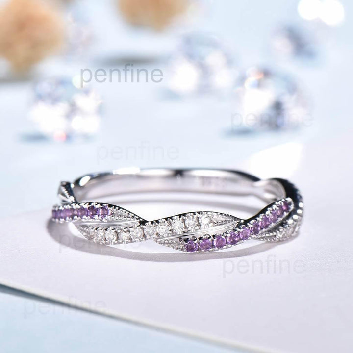 Petite Twisted Vine Infinity Amethyst Diamond Wedding Band Half Eternity - PENFINE