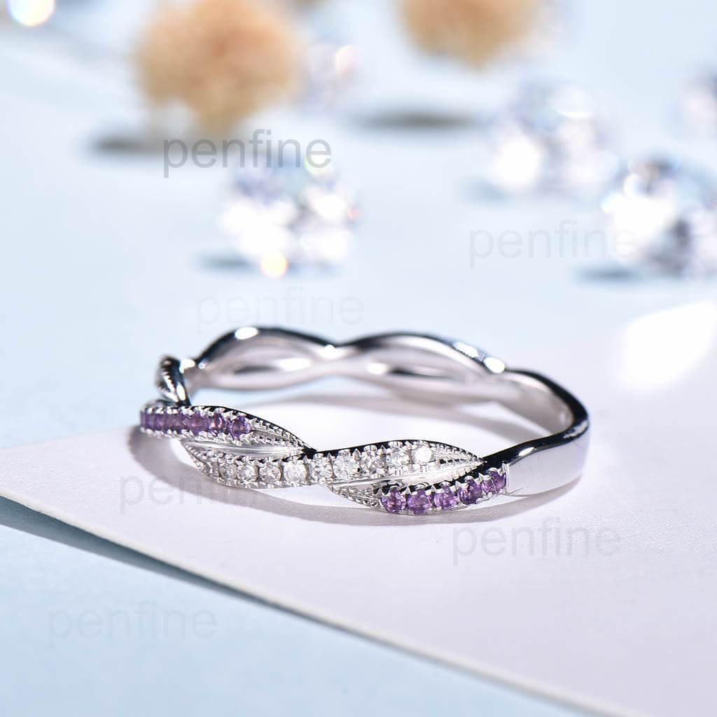 Petite Twisted Vine Infinity Amethyst Diamond Wedding Band Half Eternity - PENFINE