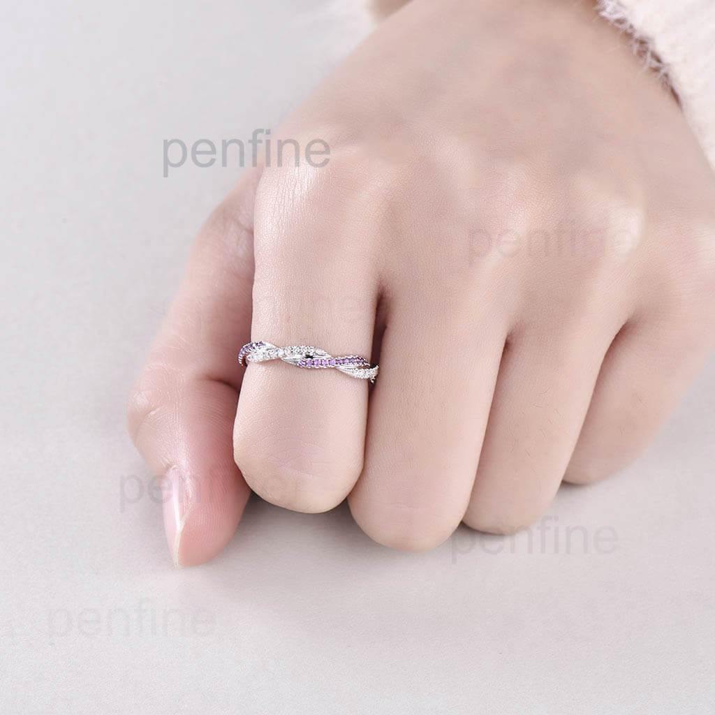 Petite Twisted Vine Infinity Amethyst Diamond Wedding Band Half Eternity - PENFINE