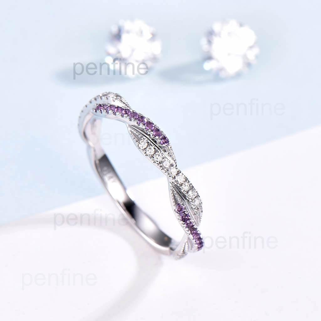 Petite Twisted Vine Infinity Amethyst Diamond Wedding Band Half Eternity - PENFINE