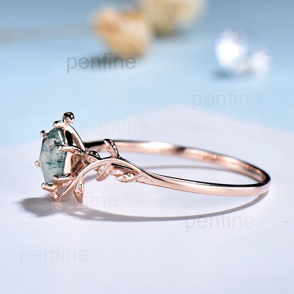 Leaf Flower Hexagon Moss Agate Engagement Ring Solitaire - PENFINE