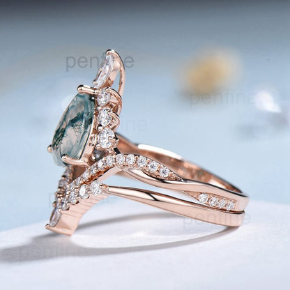 Vintage pear shaped moss agate engagement ring set art deco 14k rose gold twisted infinity moissanite ring for women wedding bridal ring set - PENFINE