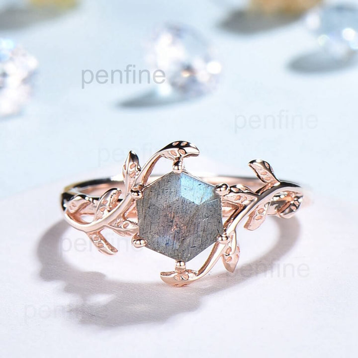 Filigree Leaf 1 Carat Round Cut Labradorite Solitaire Engagement Ring - PENFINE