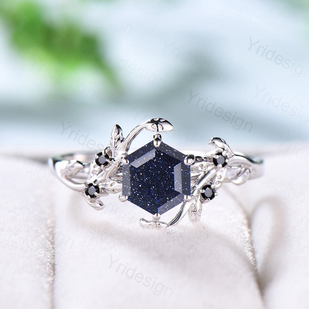 Hexagon Blue Sandstone Ring Cute Vintage Galaxy White Gold Engagement Ring Leaf Vine Onyx Star Blue Ring For Women Bridal Promise Ring - PENFINE