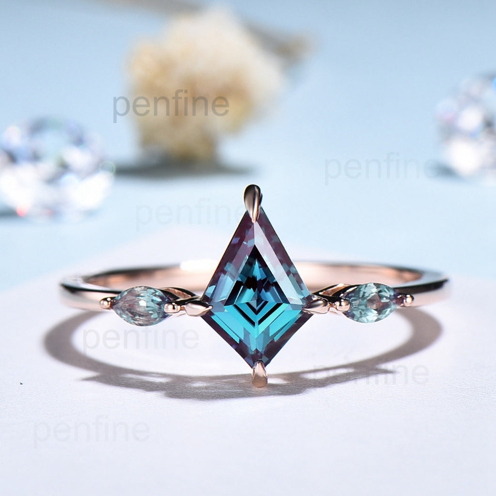 Marquise Alexandrite Band Unique Vintage Alexandrite Engagement Ring Kite Cut Delicate Simple Anniversary Ring For Women - PENFINE