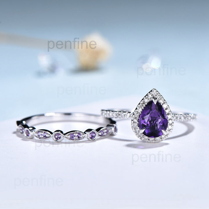 Antique amethyst ring for women 14K white gold pear amethyst engagement ring set Art deco wedding Personalized Gifts For Her Bridal ring - PENFINE