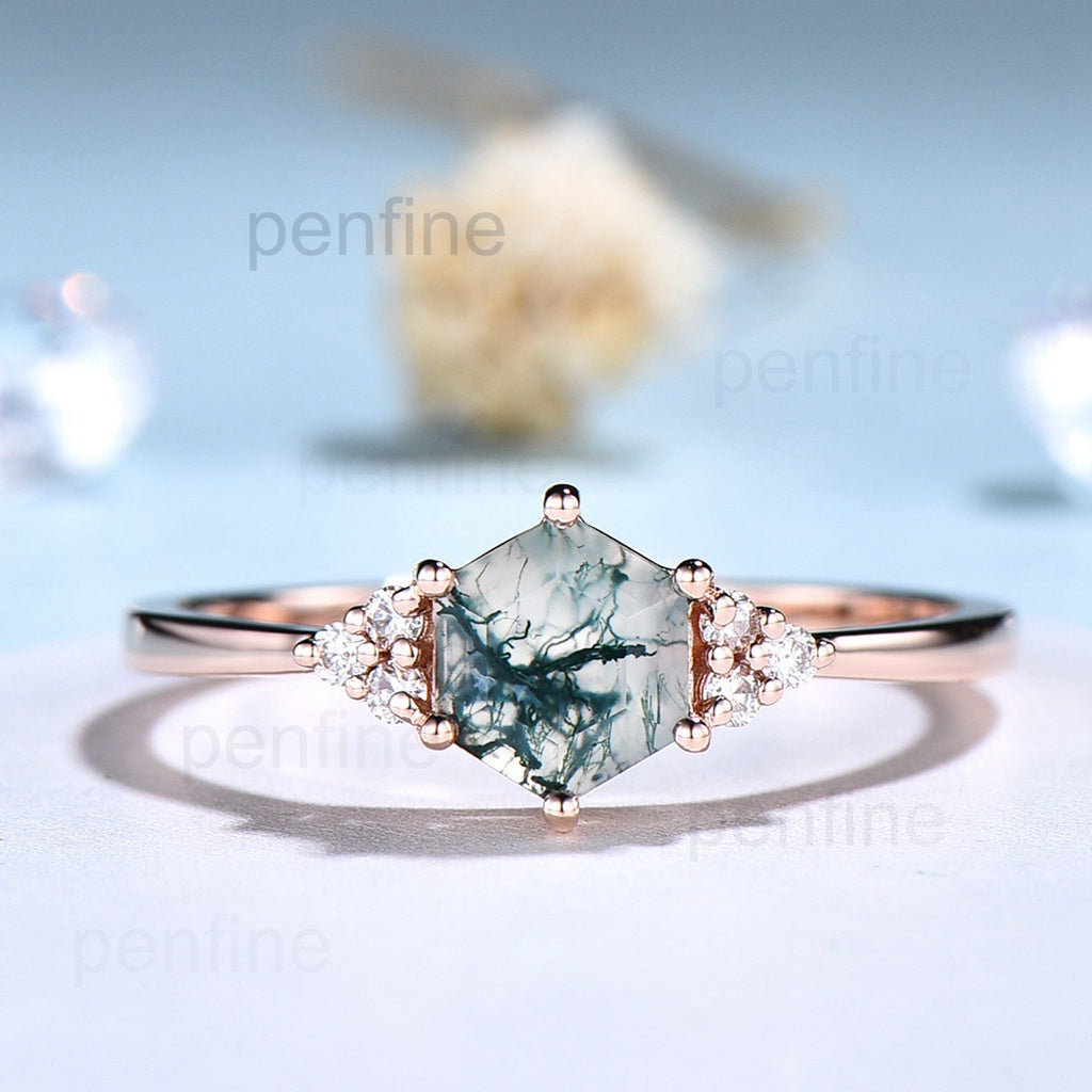 Hexagon Moss Agate Engagement Ring / Gold Cluster Moissanite Diamond Women Wedding Ring / Unique Anniversary Bridal Promise Ring - PENFINE