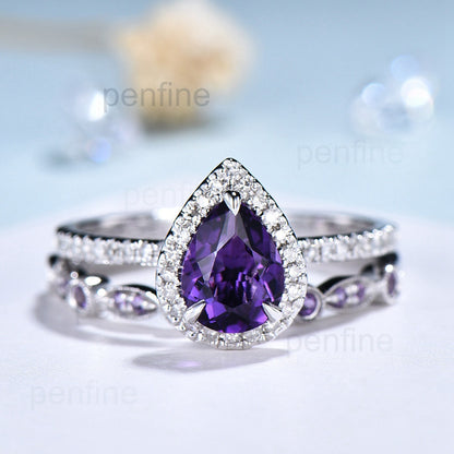 Antique amethyst ring for women 14K white gold pear amethyst engagement ring set Art deco wedding Personalized Gifts For Her Bridal ring - PENFINE