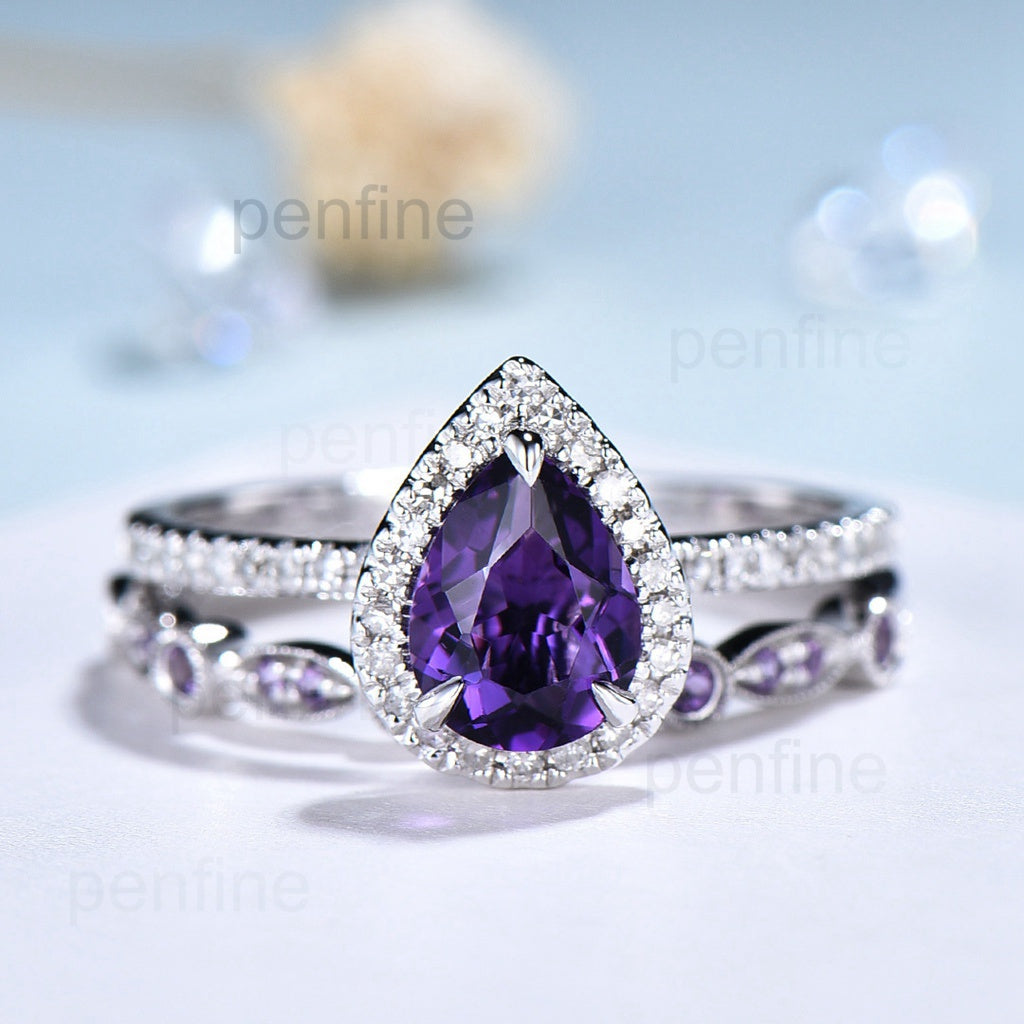 Antique amethyst ring for women 14K white gold pear amethyst engagement ring set Art deco wedding Personalized Gifts For Her Bridal ring - PENFINE