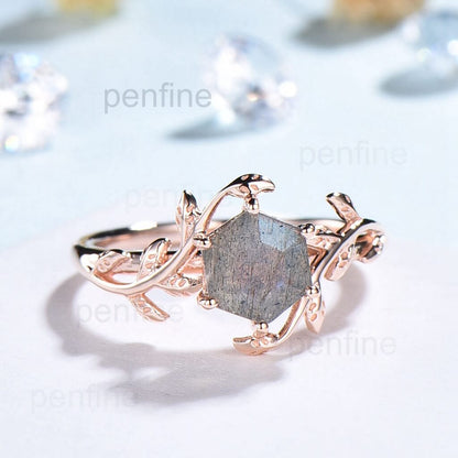 Filigree Leaf 1 Carat Round Cut Labradorite Solitaire Engagement Ring - PENFINE