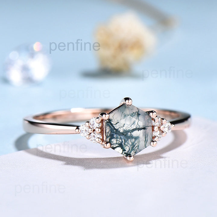 Hexagon Moss Agate Engagement Ring / Gold Cluster Moissanite Diamond Women Wedding Ring / Unique Anniversary Bridal Promise Ring - PENFINE