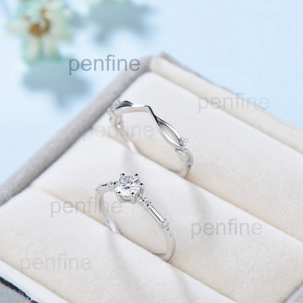 Dainty Moissanite Bridal Sets Unique White Gold Moissanite Engagement Ring Set Art Deco Bridal Anniversary Rings Promise Ring for her - PENFINE