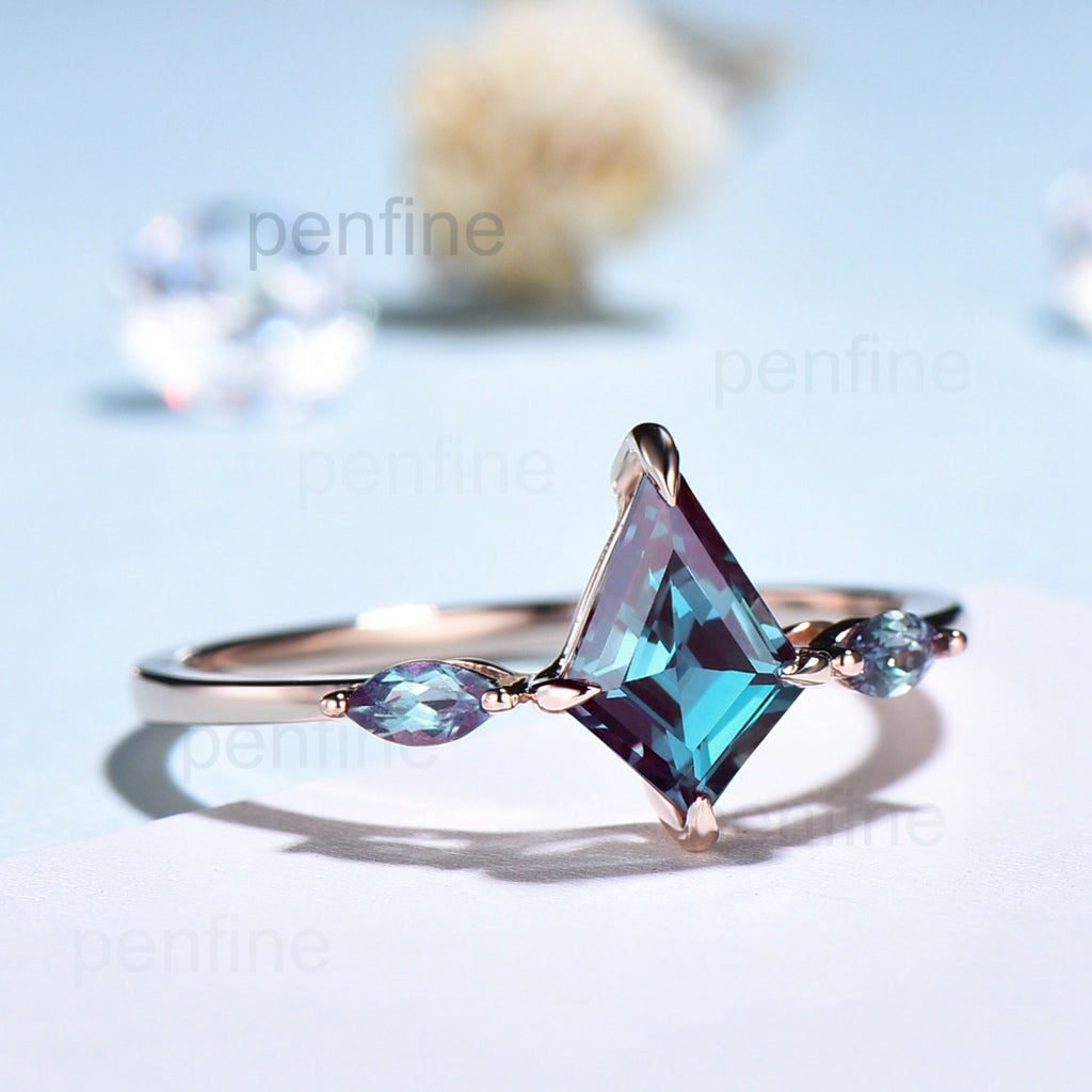 Marquise Alexandrite Band Unique Vintage Alexandrite Engagement Ring Kite Cut Delicate Simple Anniversary Ring For Women - PENFINE