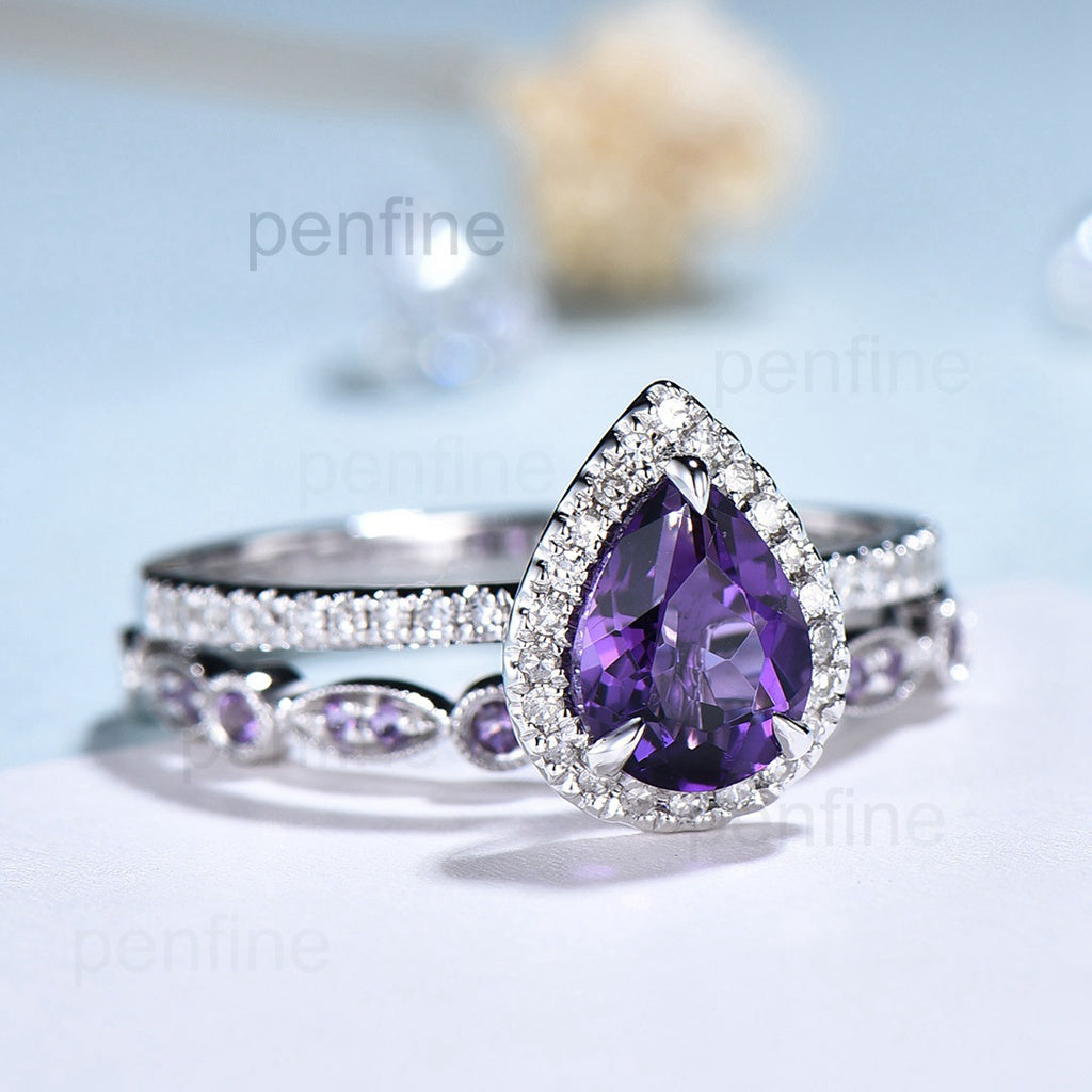 Antique amethyst ring for women 14K white gold pear amethyst engagement ring set Art deco wedding Personalized Gifts For Her Bridal ring - PENFINE
